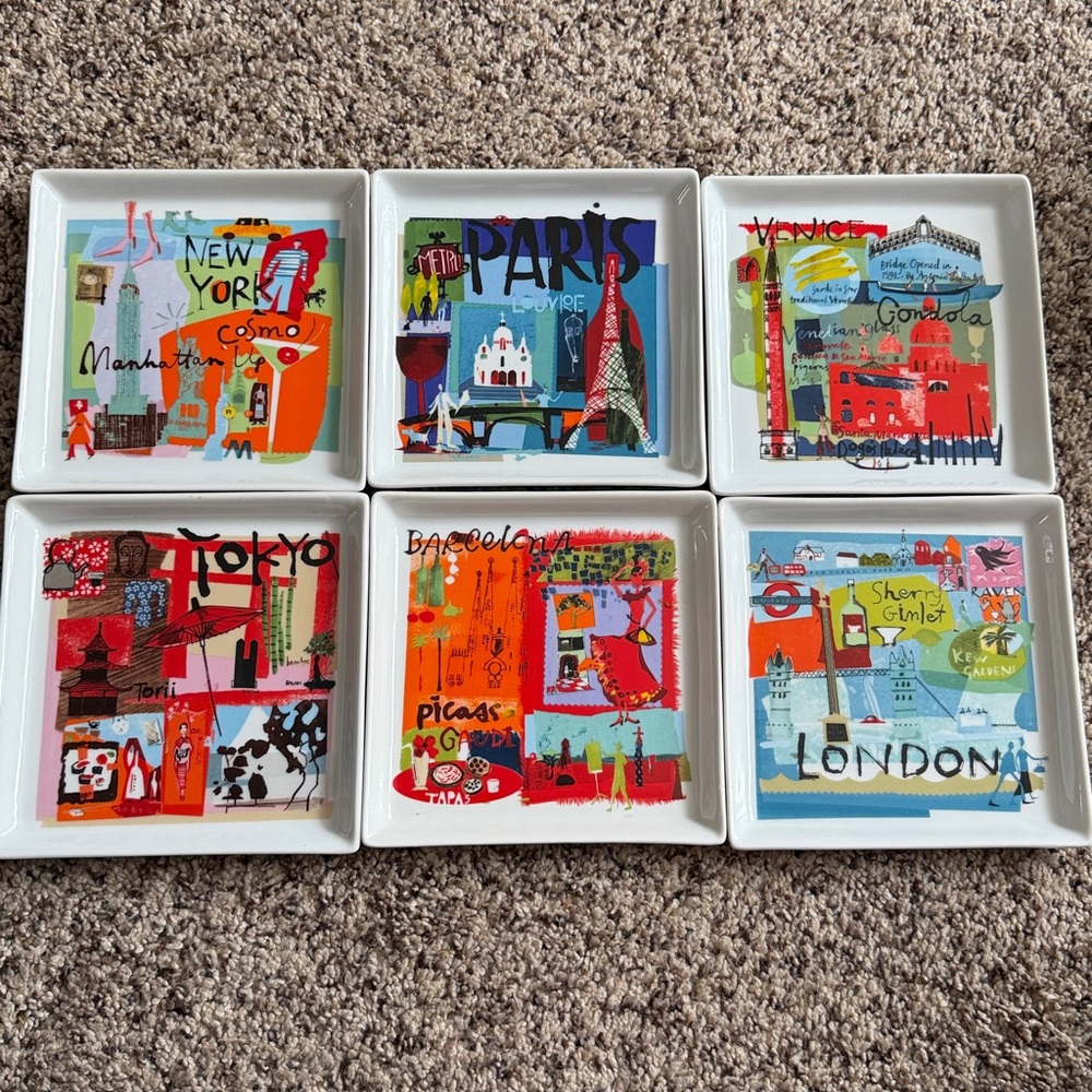 Crate&Barrel Travel Plates Set City Scenes Square Appetizer Plates Set of 6 - Picture 10 of 11